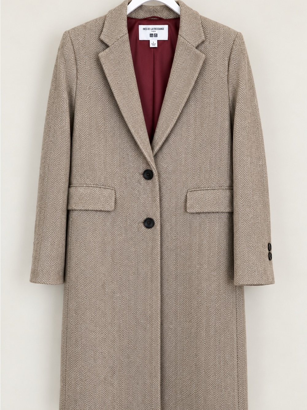 Uniqlo Women’s Tan Herringbone Long Trench Coat with Burgundy Lining